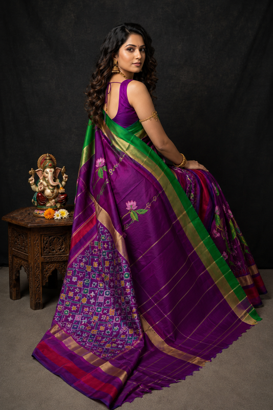 Purple and Green Royal Ikat Silk Saree