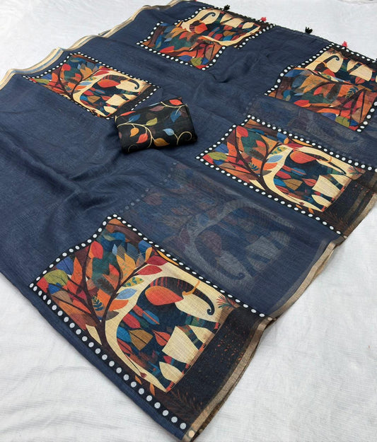 Deep Navy Blue Elephant Block Print Chanderi Cotton Saree