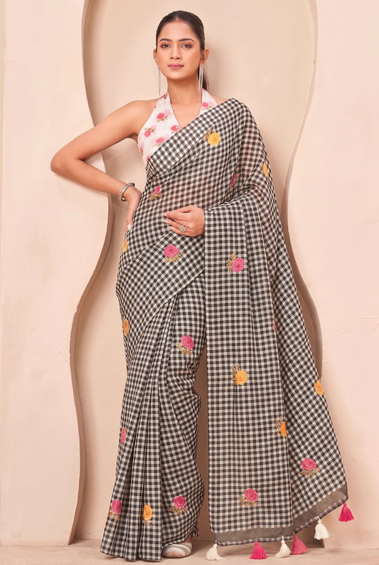 Premium Black White Checkered Embroidered Saree