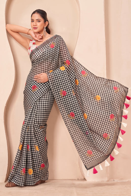 Premium Black White Checkered Embroidered Saree