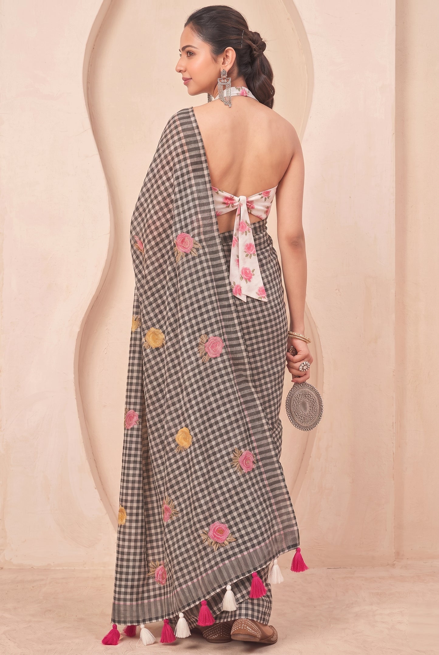 Premium Black White Checkered Embroidered Saree