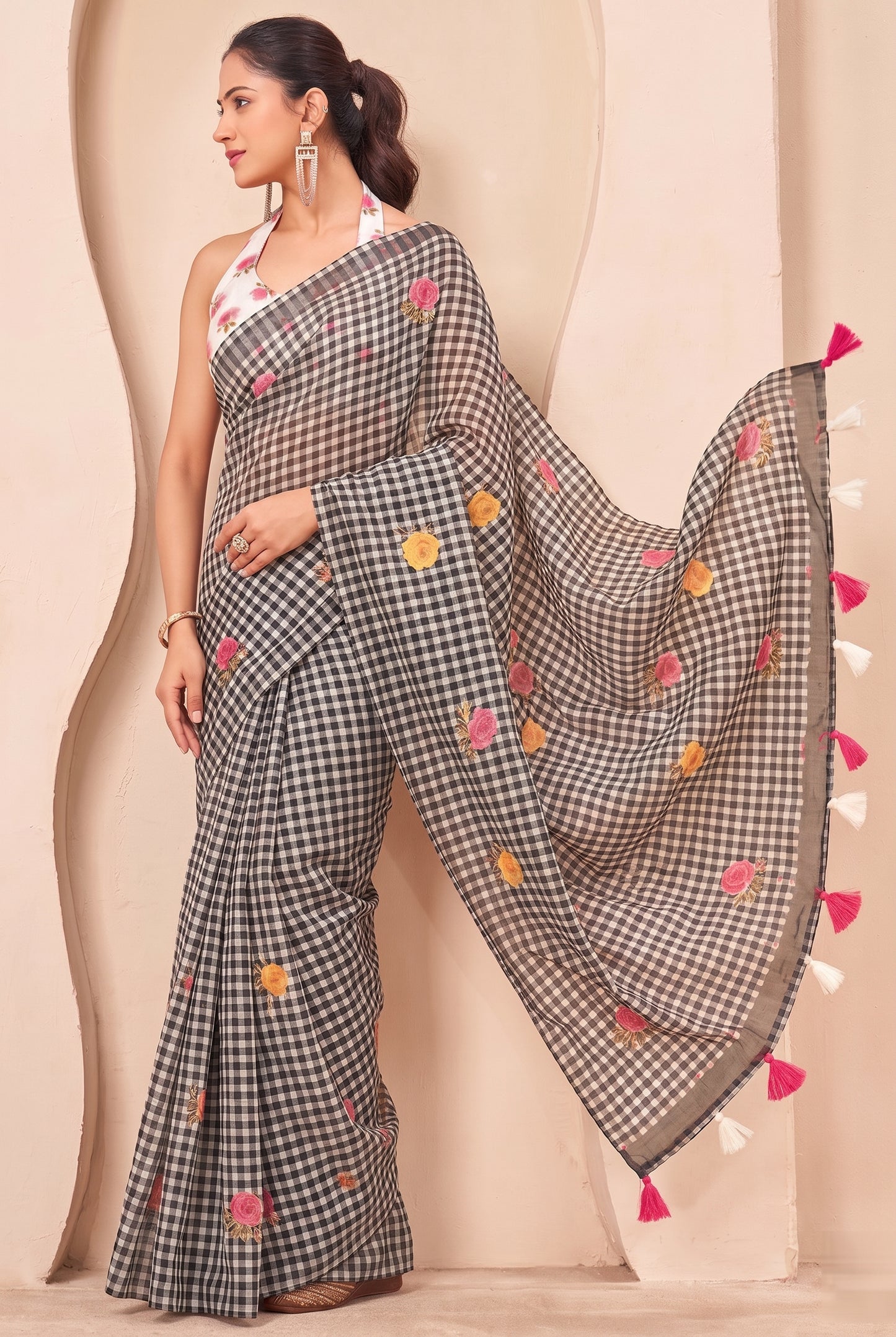 Premium Black White Checkered Embroidered Saree