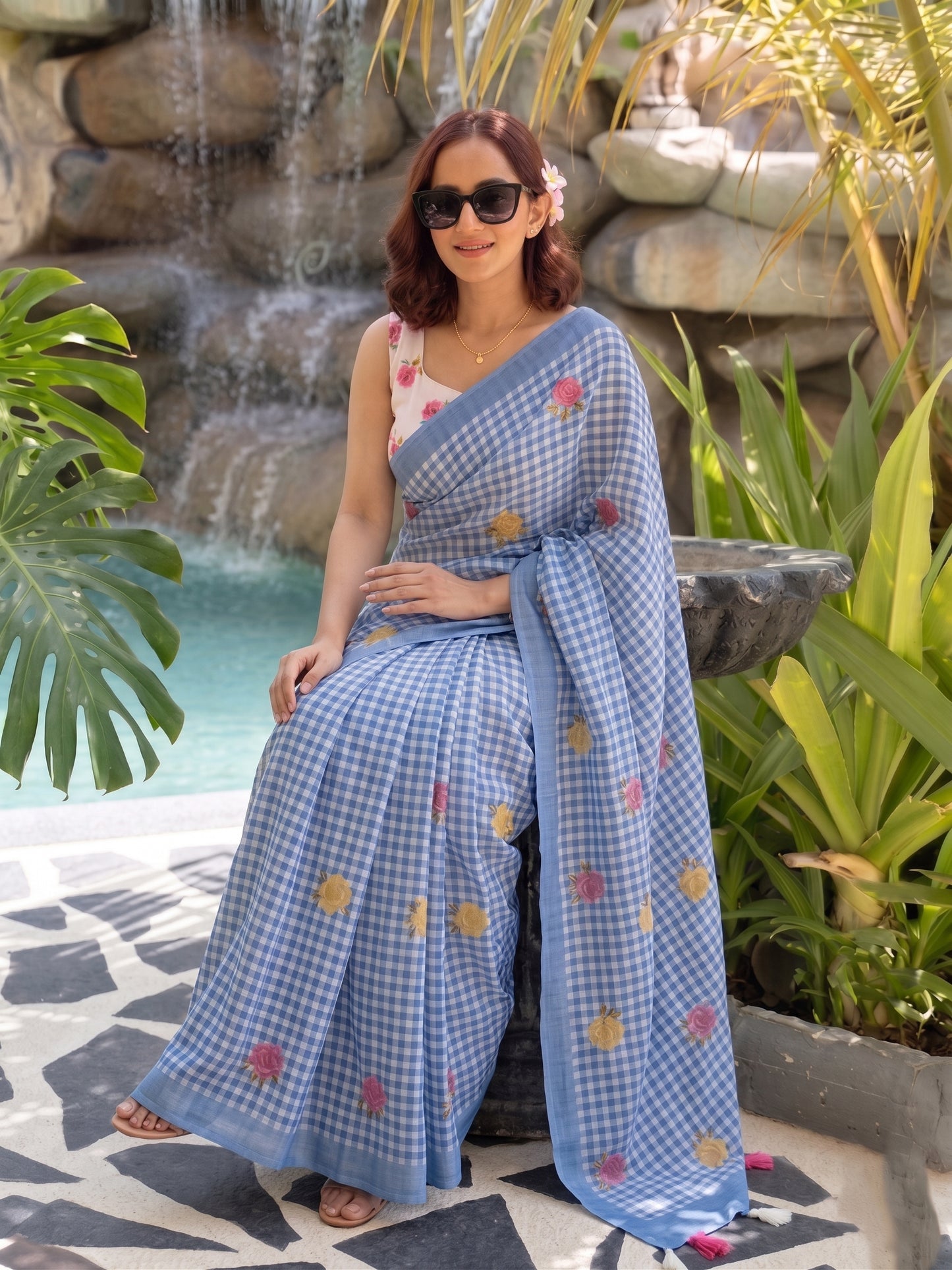 Premium Blue White Checkered Embroidered Saree
