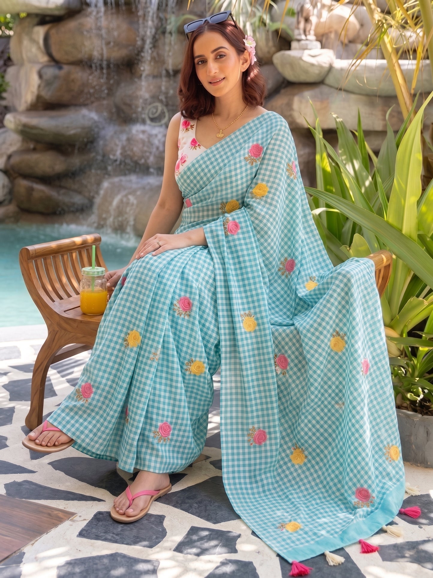 Premium Light Blue White Checkered Embroidered Saree