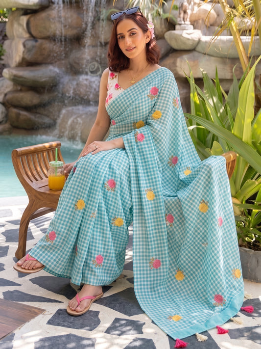 Premium Light Blue White Checkered Embroidered Saree