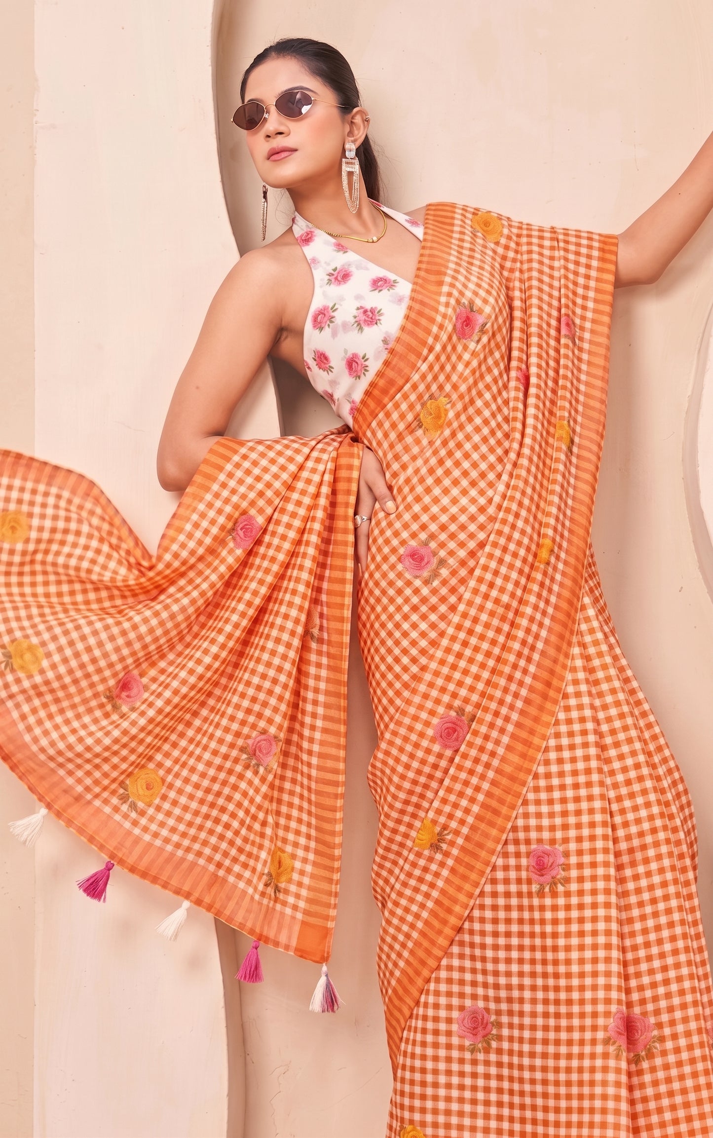 Premium Orange White Checkered Embroidered Saree