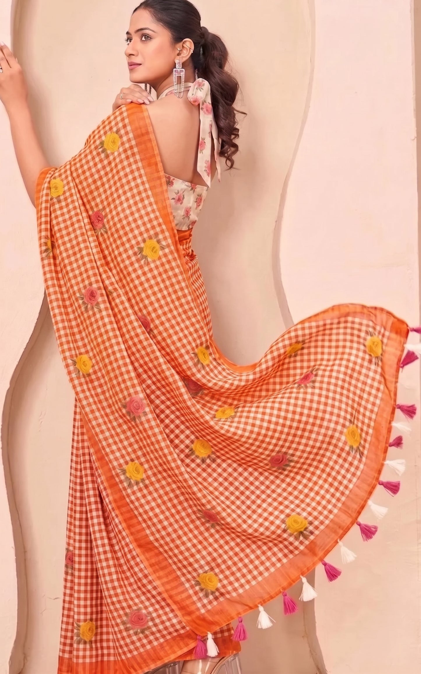 Premium Orange White Checkered Embroidered Saree