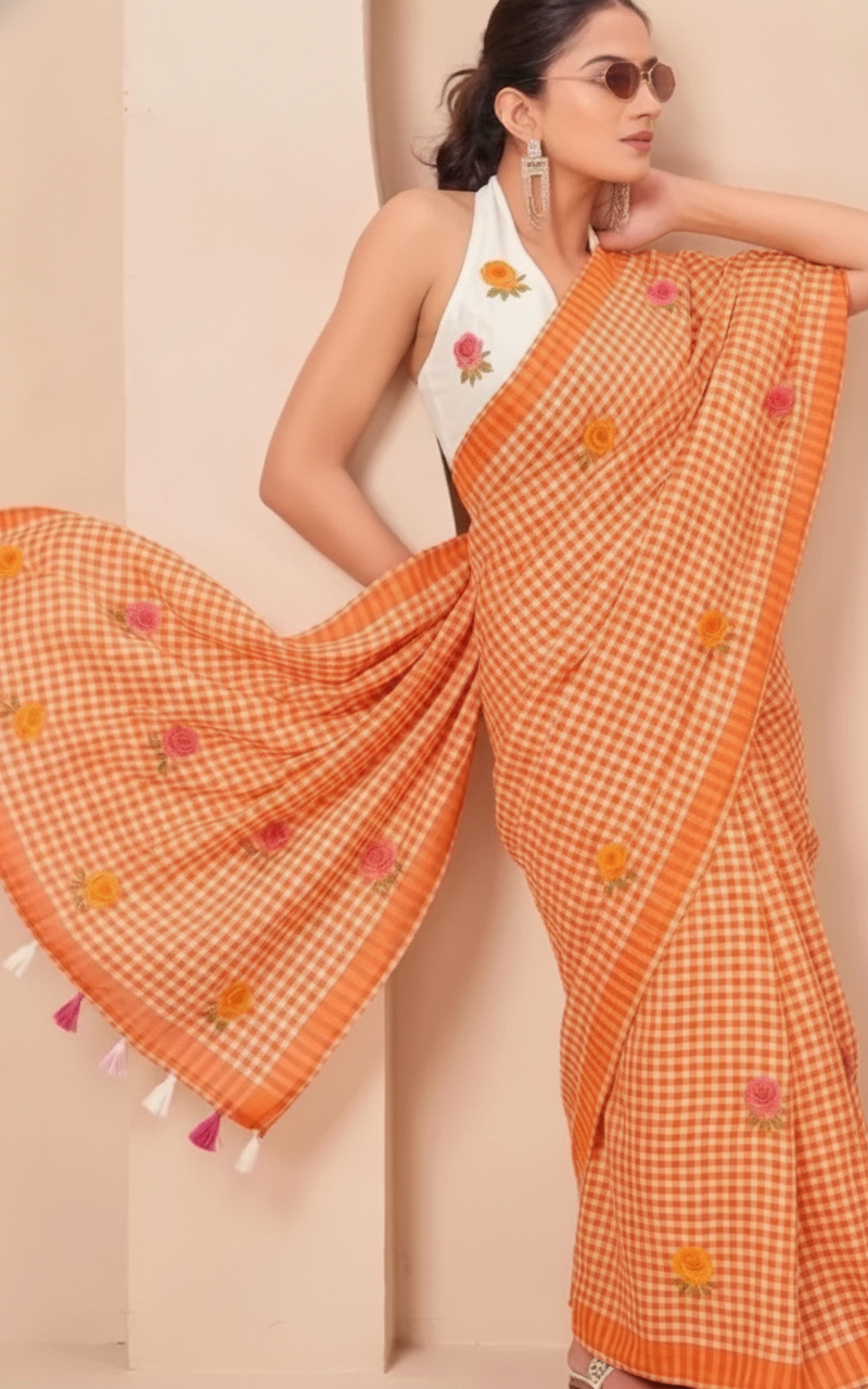 Premium Orange White Checkered Embroidered Saree
