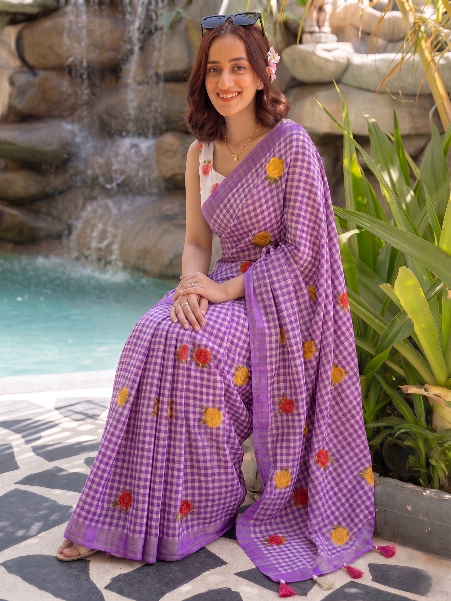 Premium Purple White Checkered Embroidered Saree