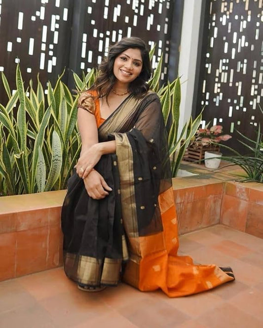 Black and Orange Banarasi Silk Saree
