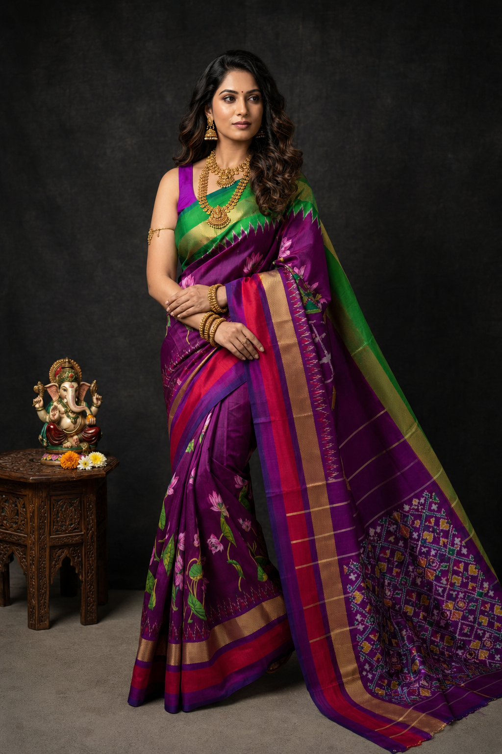 Purple and Green Royal Ikat Silk Saree