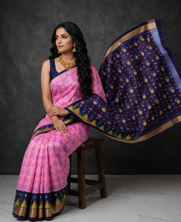 Pink and Navy Blue Pochampally Ikkat Silk Saree Zari