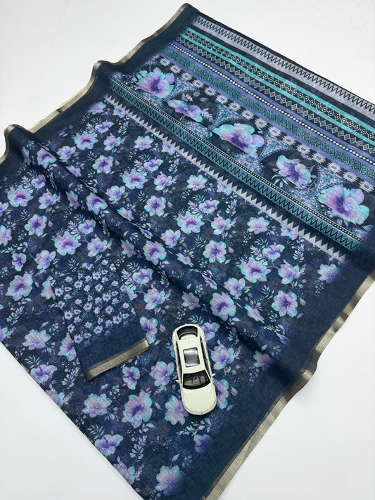 Navy Blue Floral Print Pure Linen Saree