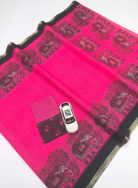 Fuchsia Pink Pure Linen Elephant Print Saree