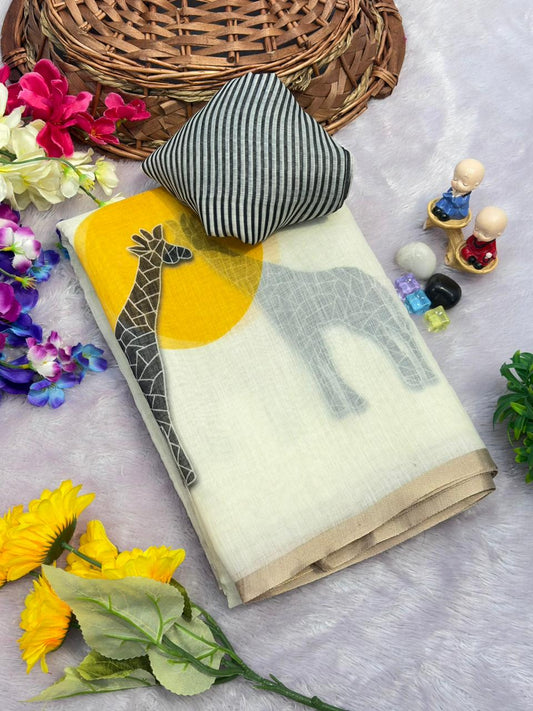 Off-White Pure Linen Giraffe Print Saree