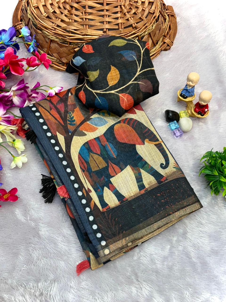 Charcoal Black Pure Linen Folk Art Saree