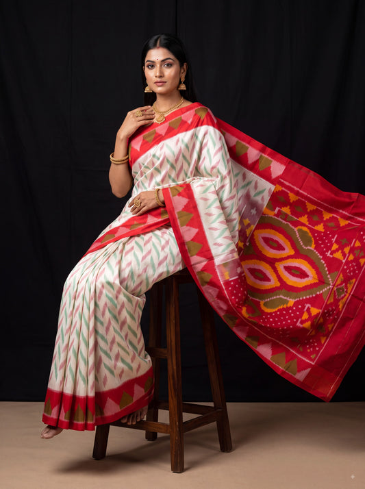 Multicolor Dola Silk Twill Ikkat Designer Saree With Unstitched Blouse Piece For Women