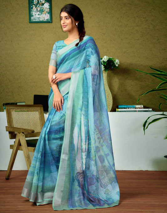 Light Blue Watercolor Floral Pure Linen Saree