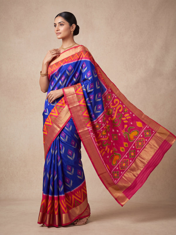 Royal Blue and Pink Pochampally Ikkat Silk Saree Zari
