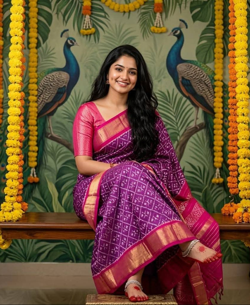Purple and Pink Pochampally Ikkat Silk Saree Gold Zari