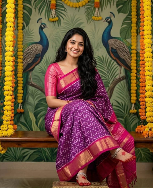 Purple and Pink Pochampally Ikkat Silk Saree Gold Zari