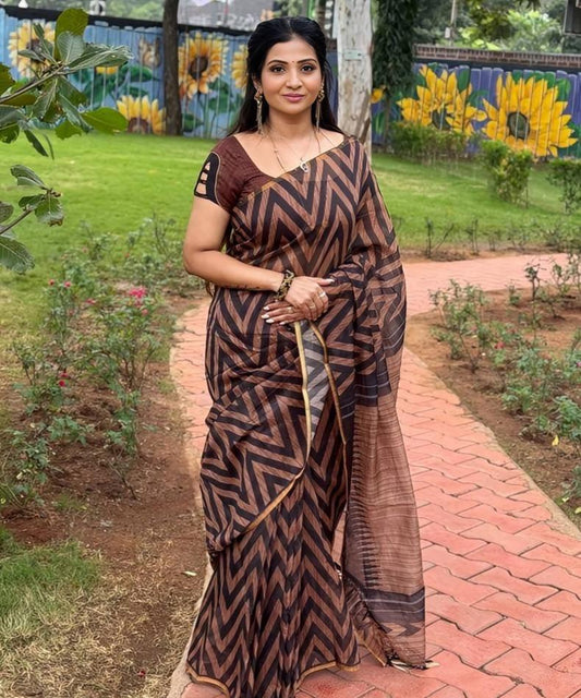 Terracotta And Black Zigzag Print Chanderi Cotton Saree