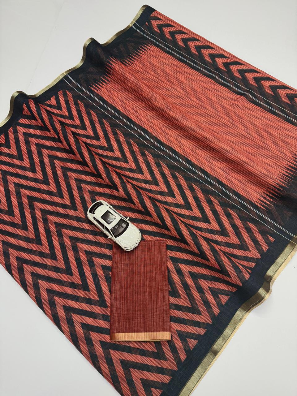 Terracotta And Black Zigzag Print Chanderi Cotton Saree