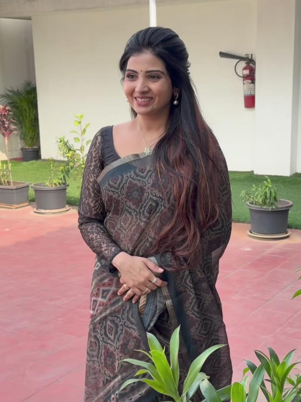 Charcoal Black Ajrakh Print Chanderi Cotton Saree