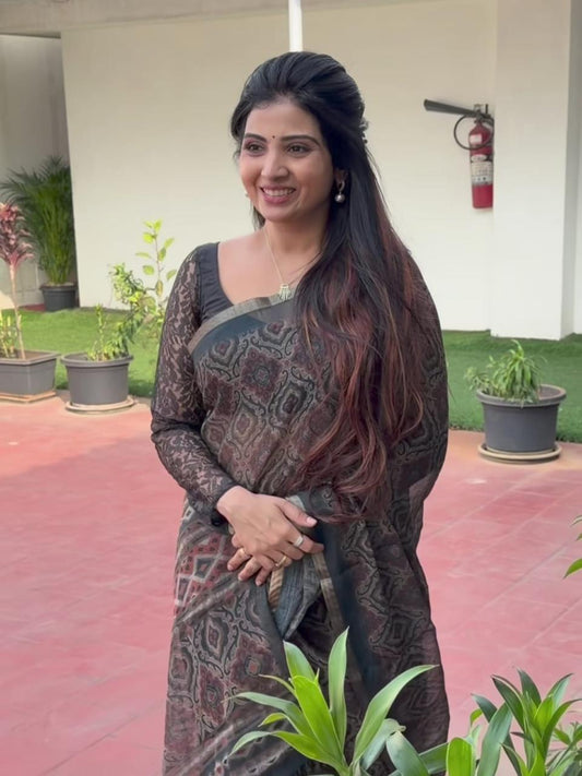 Charcoal Black Ajrakh Print Chanderi Cotton Saree