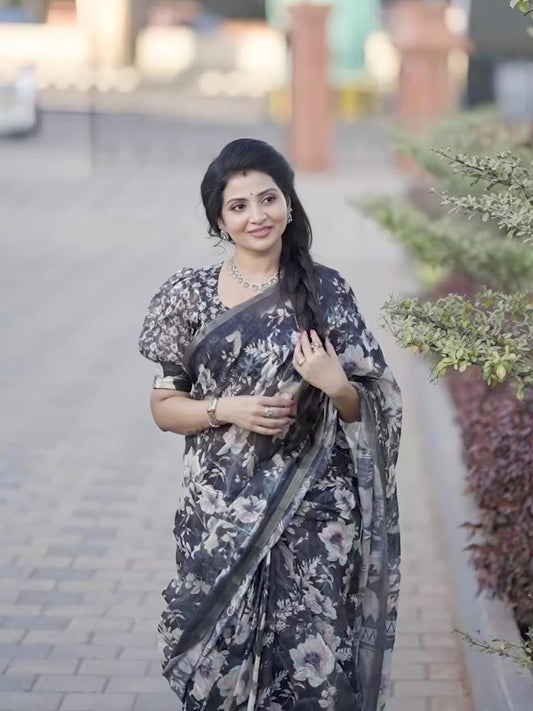 Midnight Blue Floral Print Chanderi Cotton Saree