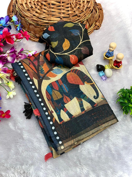 Deep Navy Blue Elephant Block Print Chanderi Cotton Saree