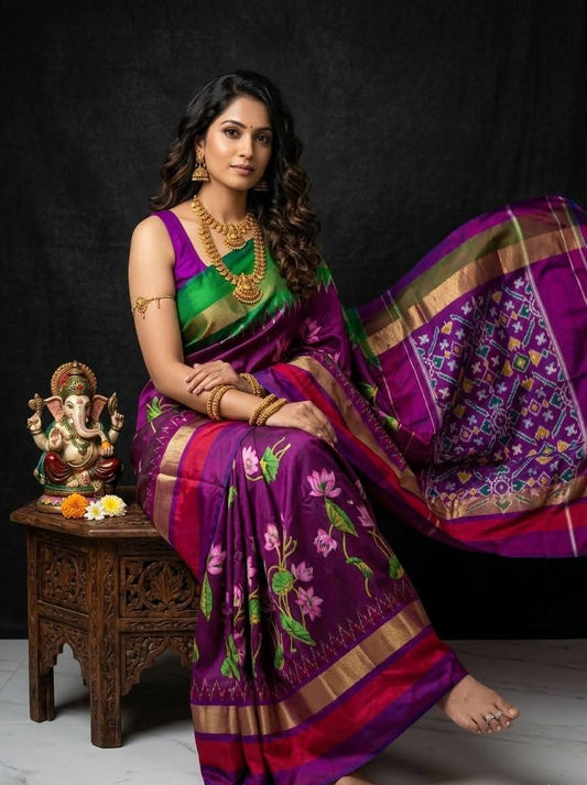 Purple and Green Royal Ikat Silk Saree