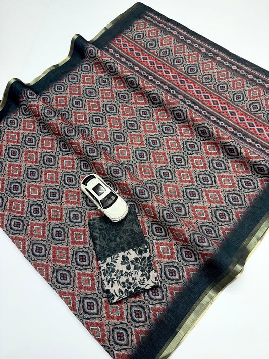 Charcoal Black Brick Red Geometric Linen Saree