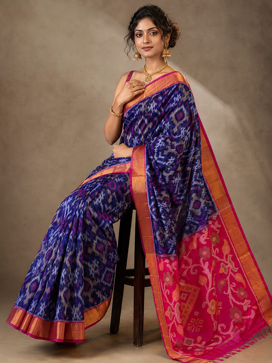 Dola Silk Pochampally Designer Printed Saree With Unstitched Blouse Piece For Women