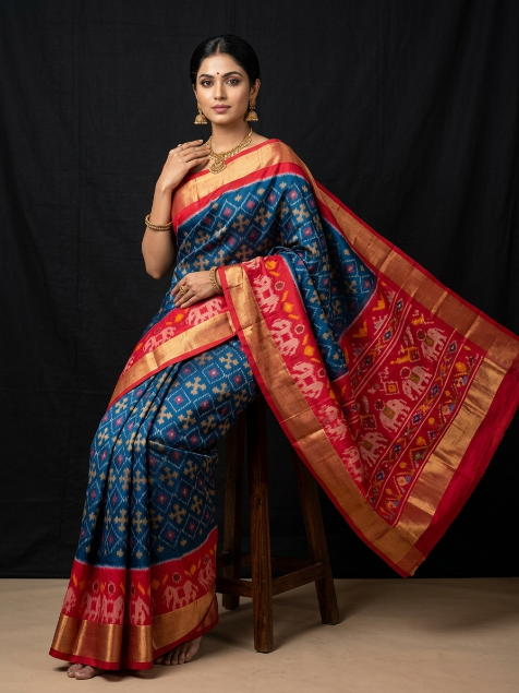 Teal Blue Pochampally Ikkat Silk Saree with Red Border